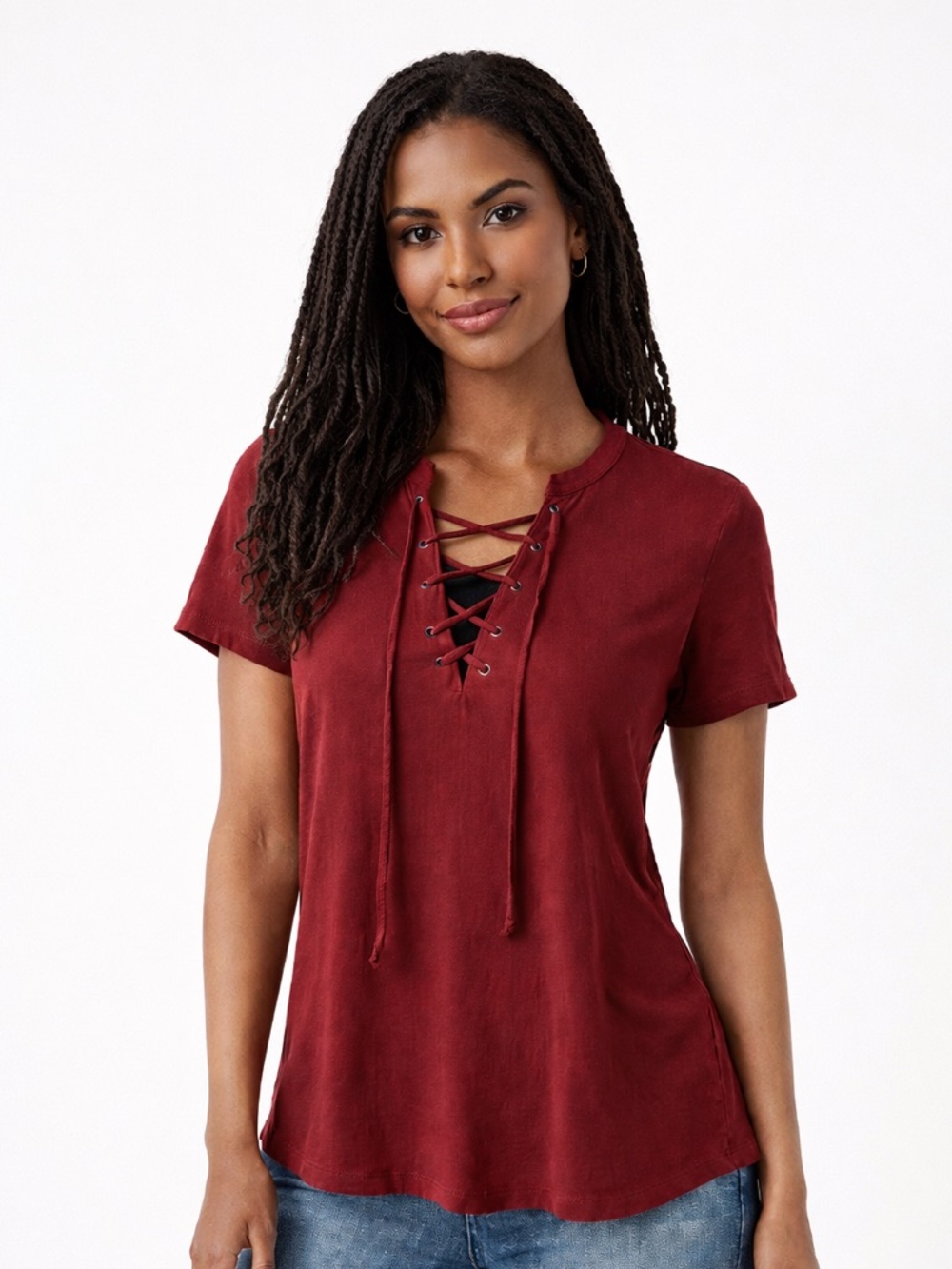 Z Supply Burgundy Lace-Up Short Sleeve Tee